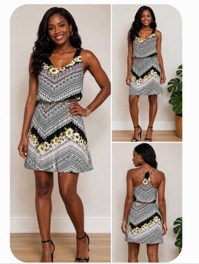 Sweet Storm Floral Mixed Print Racerback Dress Medium Black White Daisy Print